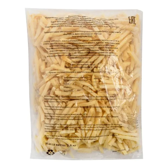 ASTRAFRY - (1002) French fries without breadcrumbs 6/6 (2.5kg * 4 pcs per box) (Russia)